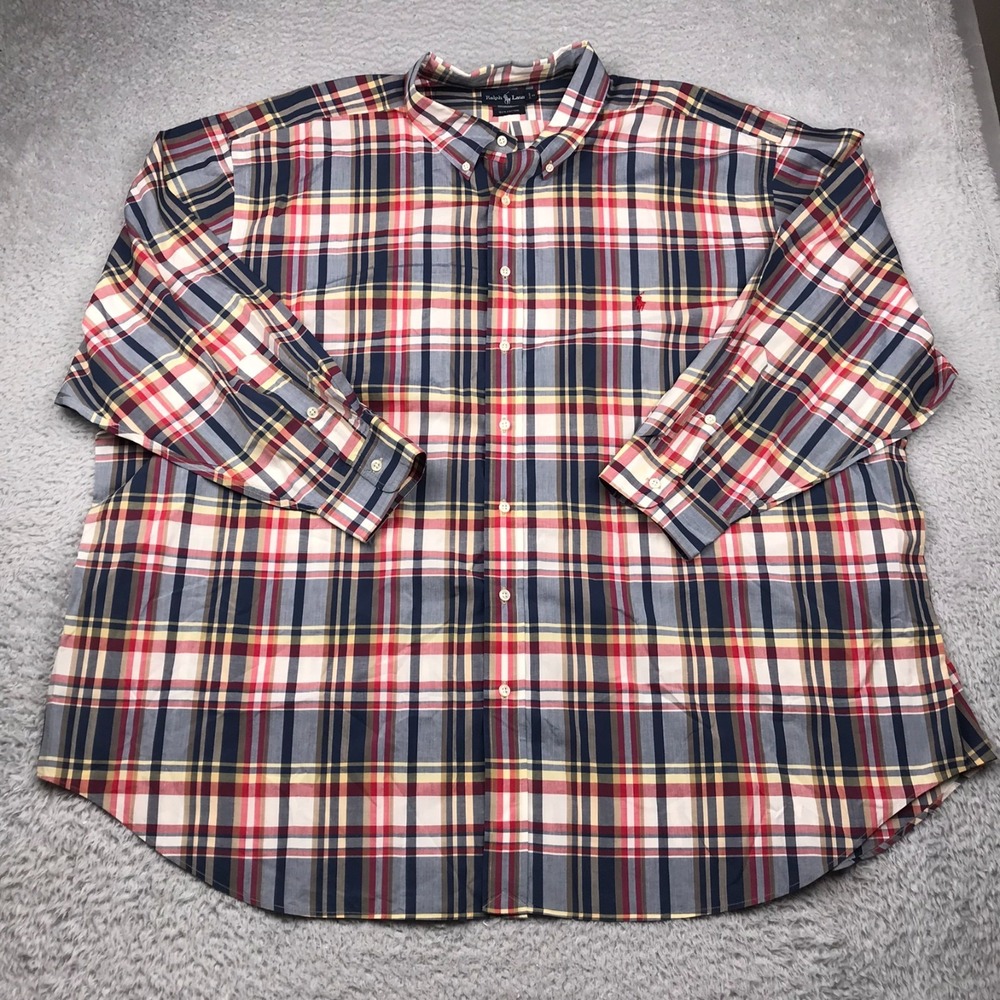 Ralph Lauren Shirt Mens 4XB Blue Plaid Red Pony Logo Long Sleeve Button Down